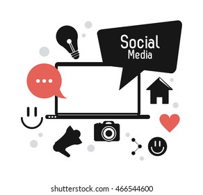 laptop bubble game megaphone camera heart gadget social media icon set. Colorful and flat illustration. Vector graphic