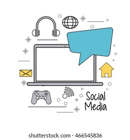 laptop bubble headphones game envelope house gadget social media icon set. Colorful and flat illustration. Vector graphic