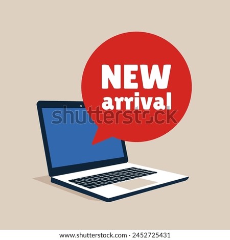 Laptop with bubble new arrival. Hard work and business symbol. Vector illustration in flat style.