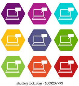 Laptop with bubble speech icon set many color hexahedron isolated on white vector illustration