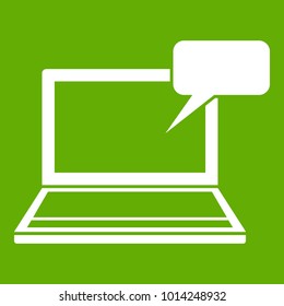 Laptop with bubble speech icon white isolated on green background. Vector illustration
