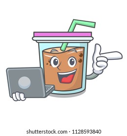With laptop bubble tea character cartoon