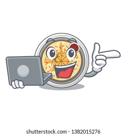With laptop buchimgae is served in cartoon bowl