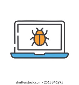 Ícone de bug do laptop. Tela do notebook com um bug, simbolizando ameaças digitais, malware ou infecção por vírus.