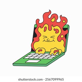 A Laptop burning by Happy flame fire smiling face in cartoon retro vintage illustration