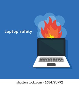 laptop is burning, fire damaged laptop.Conceptual vector illustration in flat style design.Isolated on background.