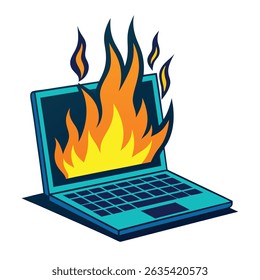 Laptop Burning With Fire Vector Illustration On White Background 