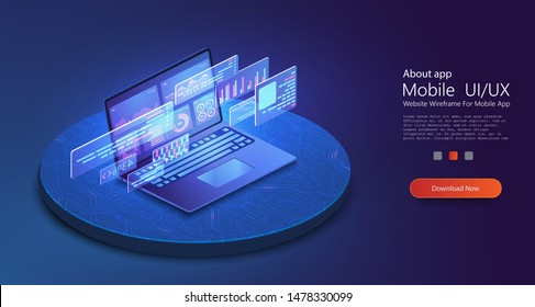 Laptop with business analysis and communication contemporary marketing and software for development. Infographic for web banner. Perfect for web design, banner and presentation. Isometric vector