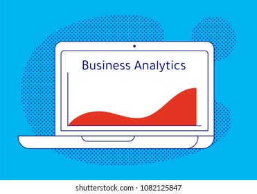 Laptop with business analytics. Vector illustration in flat line style