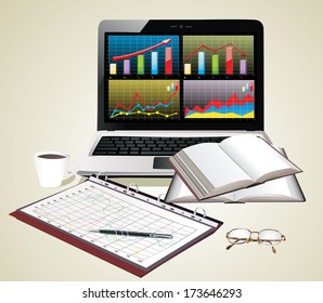Laptop with business charts and group sheets with accounting