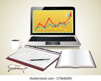 Laptop with business charts and group sheets with accounting