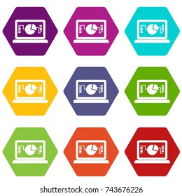 Laptop with business graph icon set many color hexahedron isolated on white vector illustration