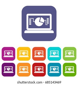 Laptop with business graph icons set