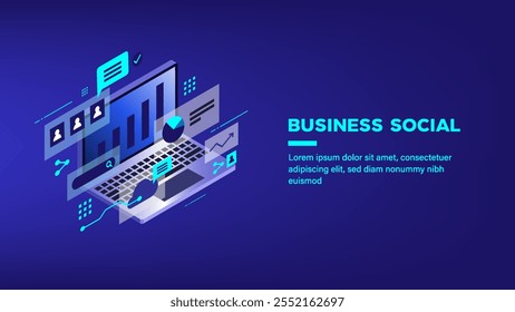 Ordenador portátil y estilo isométrico gráfico de negocios. Anuncio de tecnología social. Comunicación de datos en línea