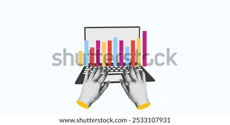 Laptop with business growth chart on screen and halftone hands typing, art collage. Finance analysis concept, market strategy. Vector illustration on dotted background