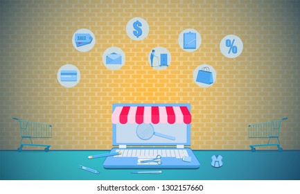 laptop business marketing concept. sale shopping online wall brick background vector illustration eps10