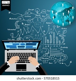 Laptop Business Technology Communication World Success modern design Idea and Concept Vector illustration with Lined pattern,graph,arrow,icon.