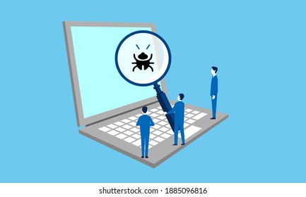 laptop and businessperson,hand holding magnifying glass
with bug,vector illustration,white isolated,copyspace