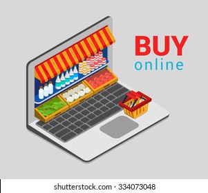 Laptop buy online grocery shopping e-commerce store flat 3d web isometric infographic concept vector electronic business sales. Shop cart market shop showcase product shelving shelf laptop screen.