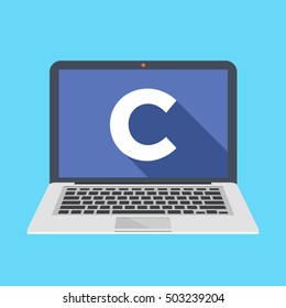 Laptop with C letter on screen. Learn C programming language concept. Modern long shadow flat design vector illustration