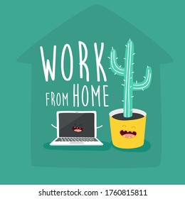 laptop cactus call to work from home. Vector illustration.