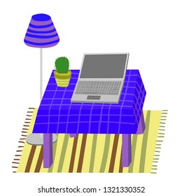 Laptop and Cactus on a Table. Illustration of Interior Parts in Hand Drawn Childish Style. Decorative Elements for Print or Digital. Cactus in a Pot, Laptop, Rug, Lamp. Table with a Tablecloth.