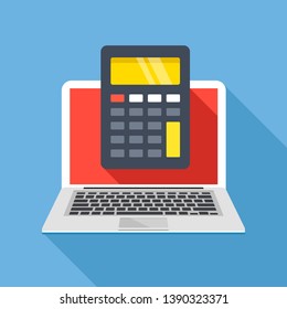 Laptop with calculator on screen. Flat design. Vector illustration