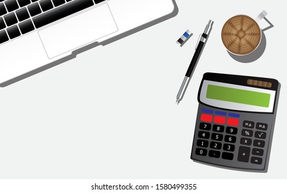 Laptop And Calculator On Top View With White Screen. Vector Illustration