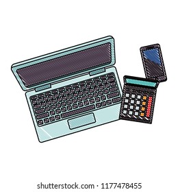 Laptop and calculator with smartphone scribble