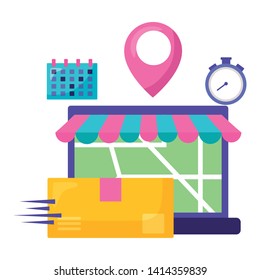 laptop calendar box calendar map navigation pointer fast delivery business vector illustration