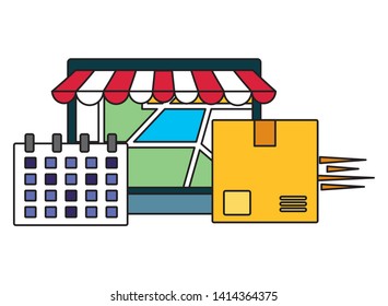 laptop calendar cardboard box map fast delivery business vector illustration