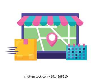 laptop calendar cardboard box map fast delivery business vector illustration