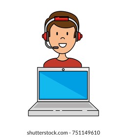 laptop with call center man agent