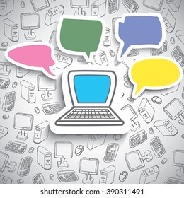 laptop with callout on doodle background