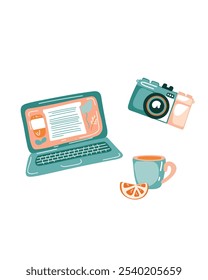 Laptop, câmera, e xícara de chá com fatia de limão, atmosfera quente e relaxada, tons suaves