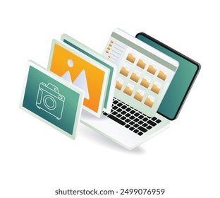 Laptop with camera, folder, and computer items on desk