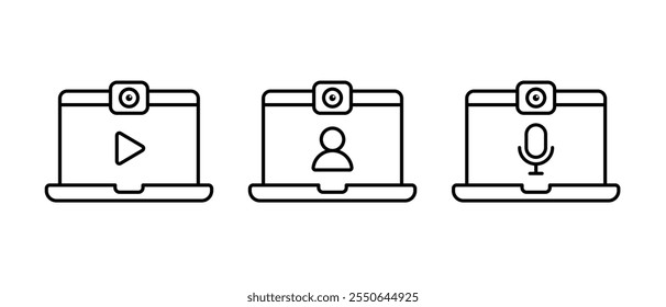 Ordenador portátil con el sistema del Vector del icono de la cámara. Símbolo de reunión virtual