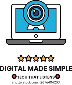 Um laptop com uma câmera e as palavras digital fez simples. Tecnologia que escuta