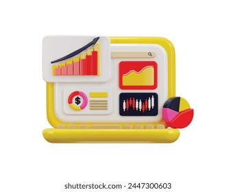 Laptop mit Kerzen Diagramm, Tortendiagramm, Flächendiagramm und Grafik-Icon Konzept der Börse Online-Handel-Icon 3D-Rendering-Vektorillustration
