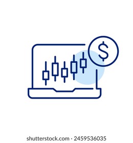 Laptop with candlestick bars graph and dollar sign. Stock trading analysis and portfolio management. Pixel perfect icon