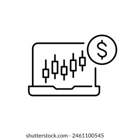 Laptop with candlestick bars graph and dollar sign. Stock trading analysis and portfolio management. Vector icon