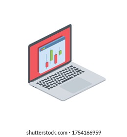 Laptop Candlestick Chart. Vector 3d isometric, color web icon, new flat style. Creative illustration design, isolated graphic idea for infographics.