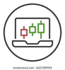 Laptop with Candlestick Chart vector Trading concept circle shaped icon or sign in thin line style