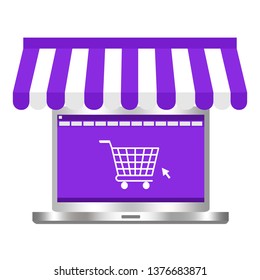 Laptop with canopy and cart on screen. Shopping online concept. Business background vector illustration. 