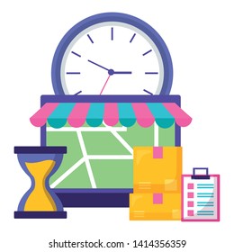 laptop cardboard box map clipboard clock fast delivery business vector illustration