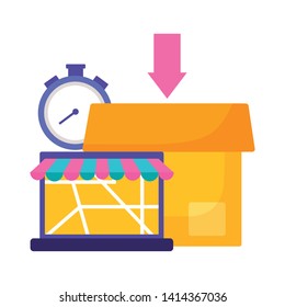 laptop cardboard box map stopwatch fast delivery business vector illustration