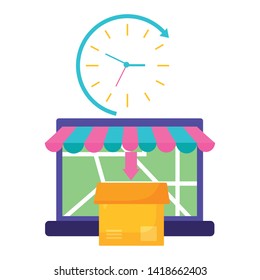 laptop cardboard box order clock fast delivery logistic vector illustration