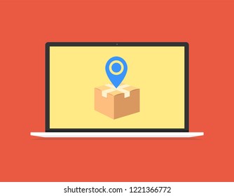 Laptop with cardboard box and pin on screen. Order tracking, parcel tracking.  Vector illustration.