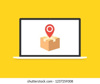 Laptop with cardboard box and pin on screen. Order tracking, parcel tracking.  Vector illustration.