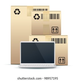 Laptop with Cardboard Boxes Isolated on White Background, vector illustration